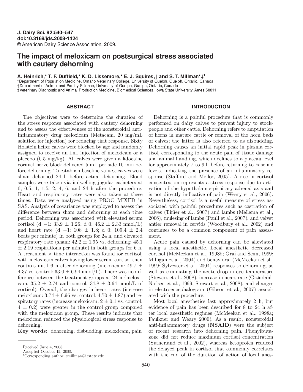 The impact of meloxicam on postsurgical stress associated with cautery dehorning