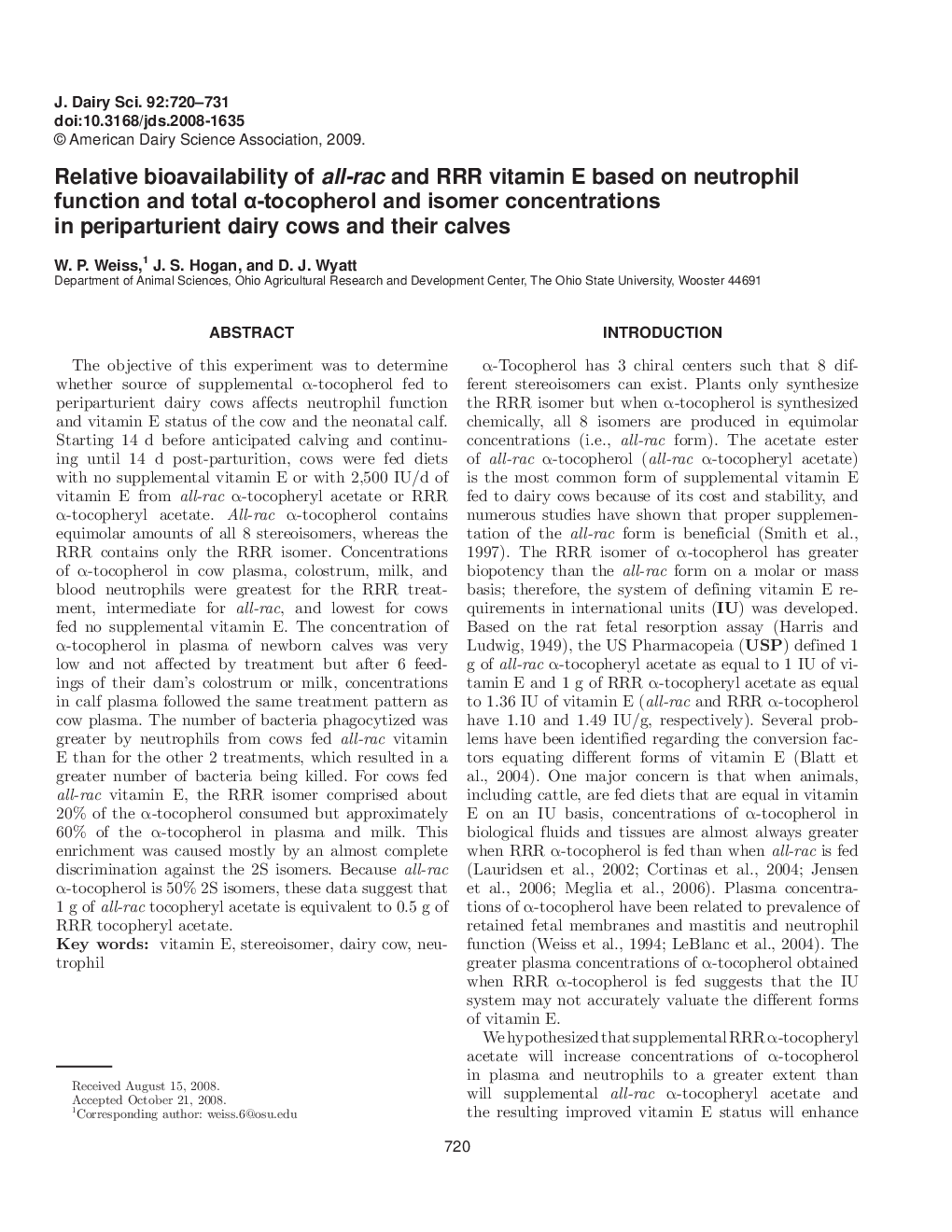 Relative bioavailability of all-rac and RRR vitamin E based on neutrophil function and total α-tocopherol and isomer concentrations in periparturient dairy cows and their calves