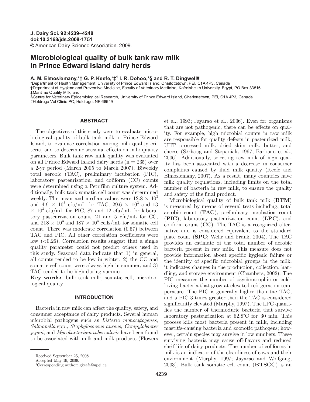 Microbiological quality of bulk tank raw milk in Prince Edward Island dairy herds