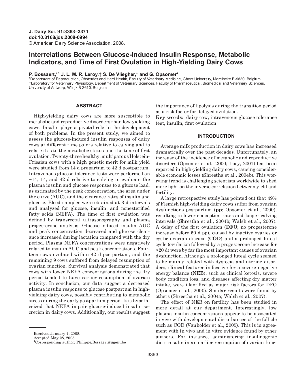 Interrelations Between Glucose-Induced Insulin Response, Metabolic Indicators, and Time of First Ovulation in High-Yielding Dairy Cows