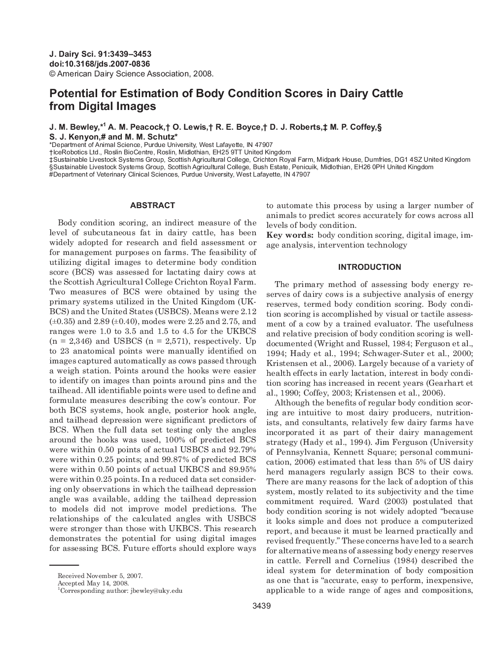 Potential for Estimation of Body Condition Scores in Dairy Cattle from Digital Images