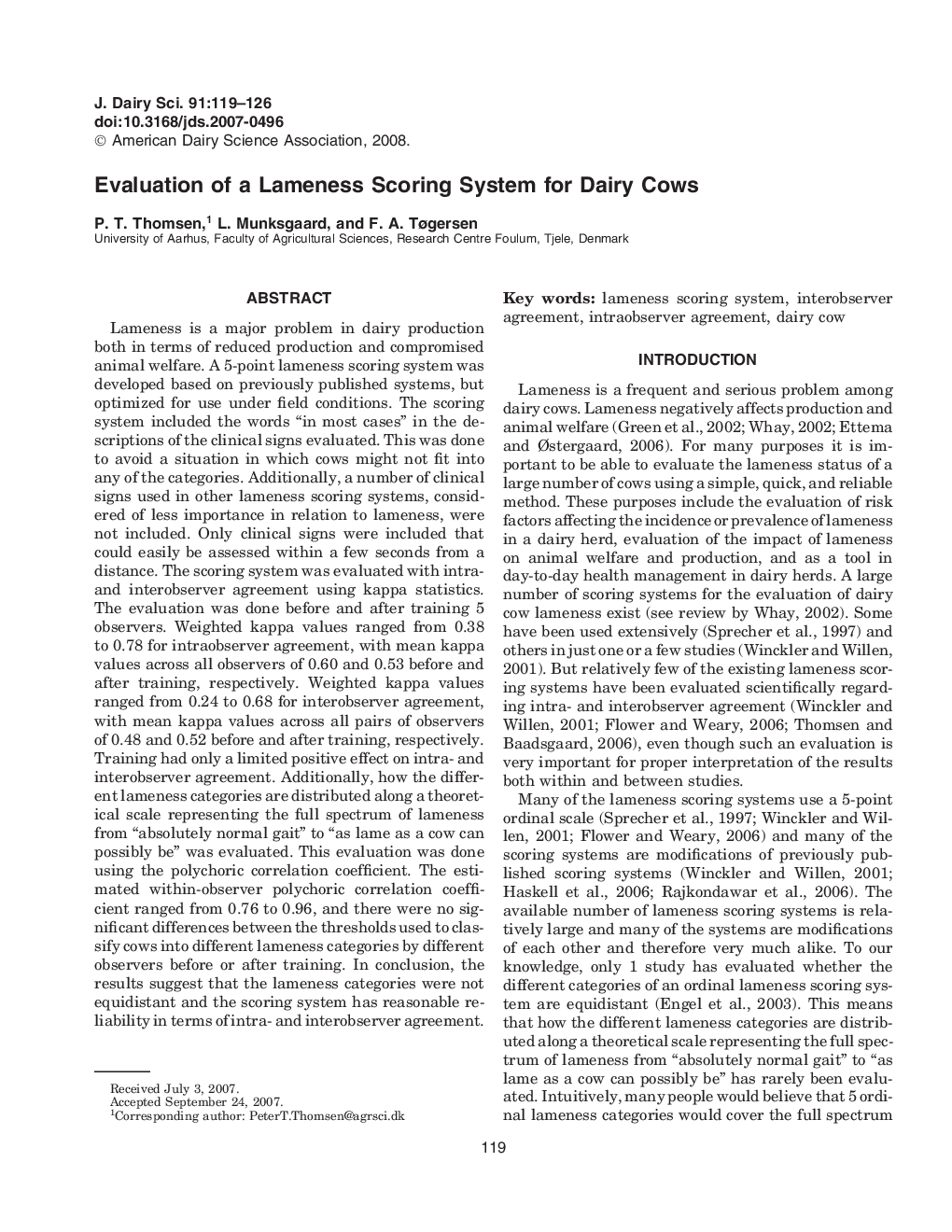 Evaluation of a Lameness Scoring System for Dairy Cows