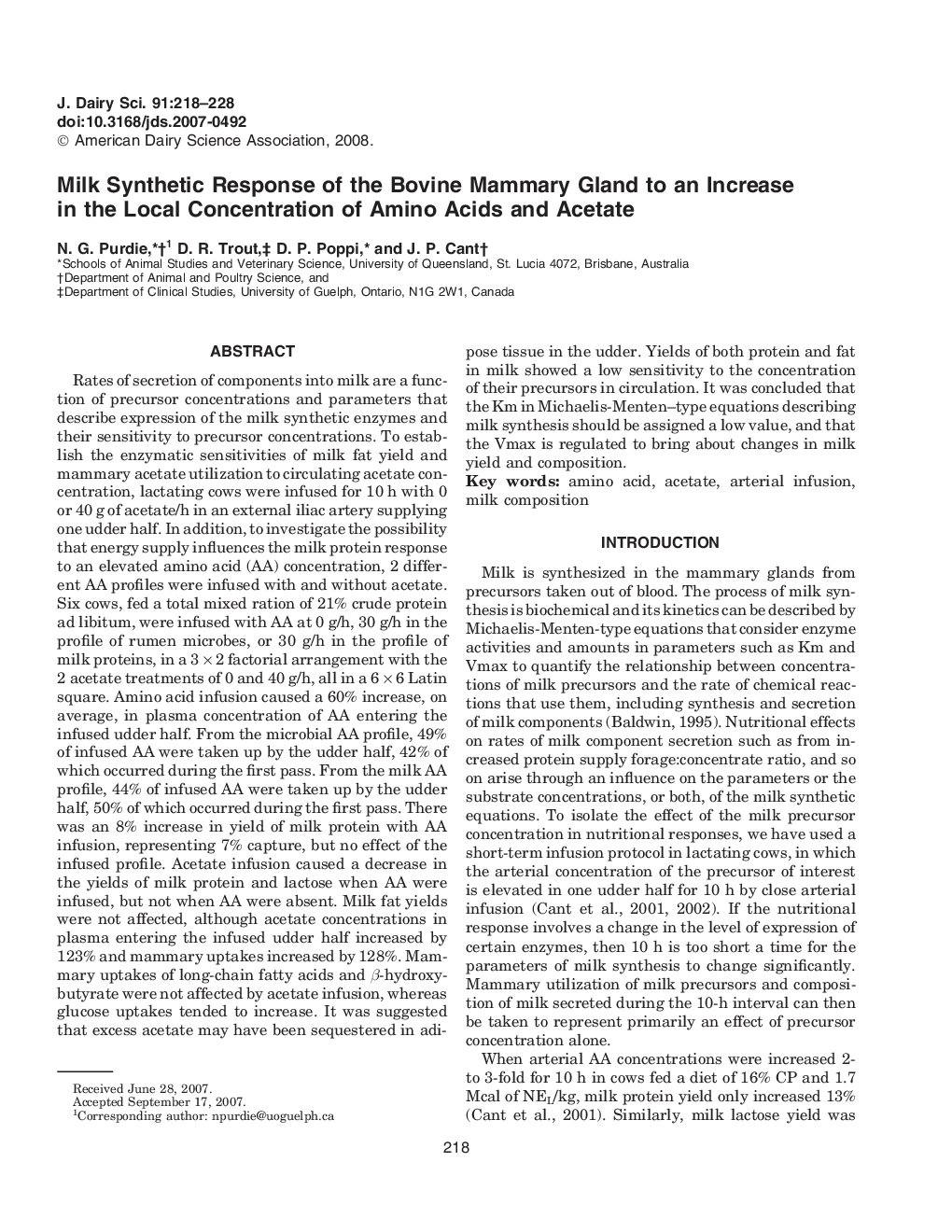 Milk Synthetic Response of the Bovine Mammary Gland to an Increase in the Local Concentration of Amino Acids and Acetate