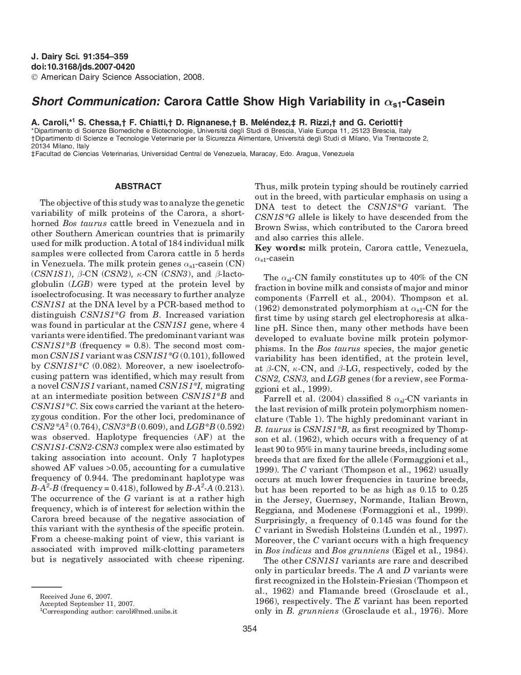 Short Communication: Carora Cattle Show High Variability in Î±s1-Casein