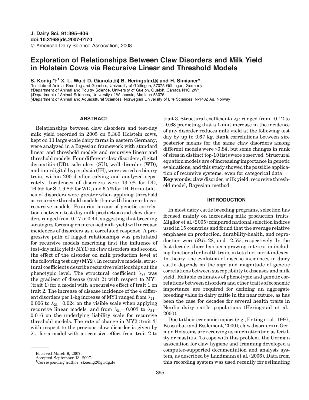 Exploration of Relationships Between Claw Disorders and Milk Yield in Holstein Cows via Recursive Linear and Threshold Models