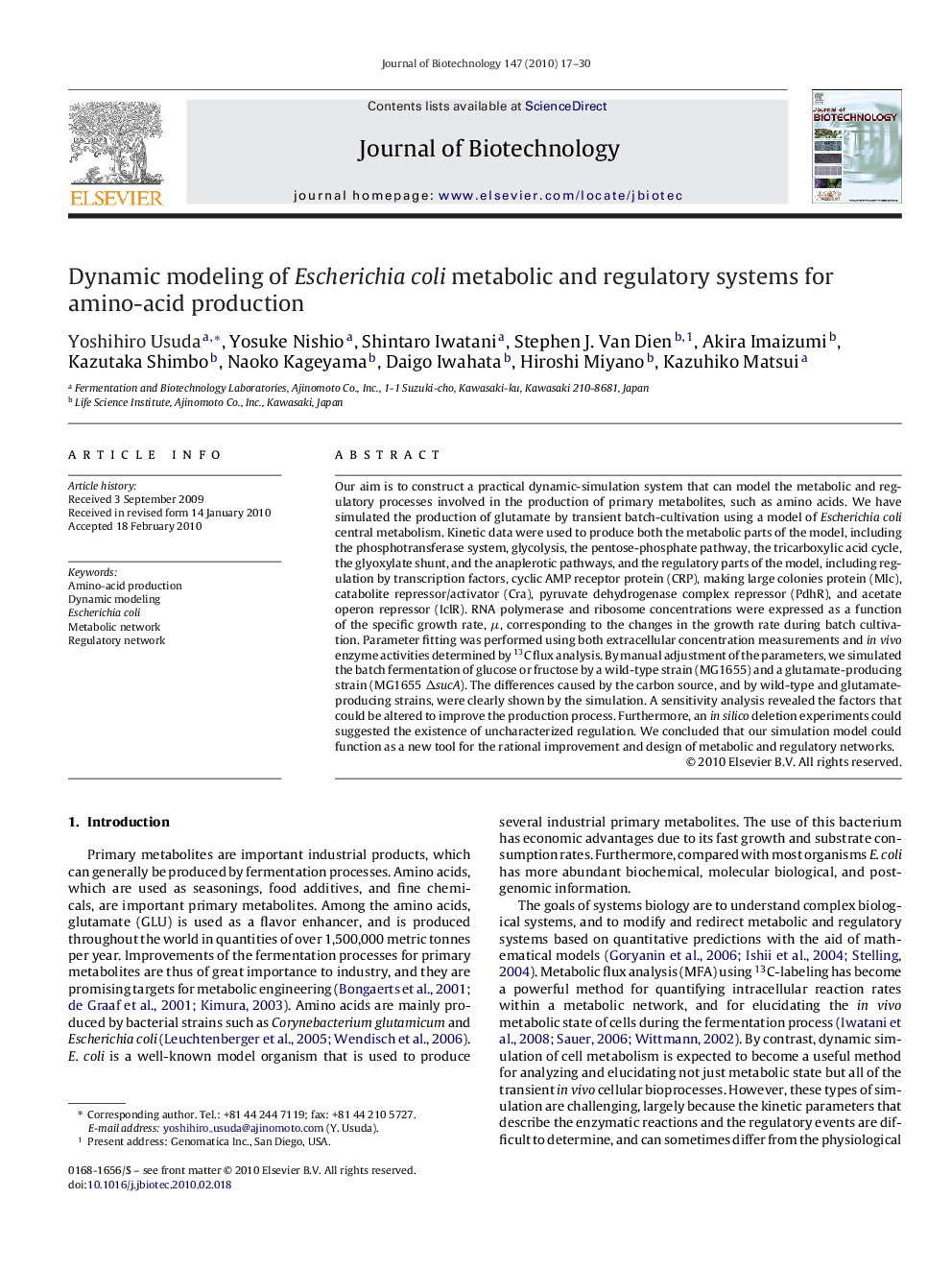 Dynamic modeling of Escherichia coli metabolic and regulatory systems for amino-acid production