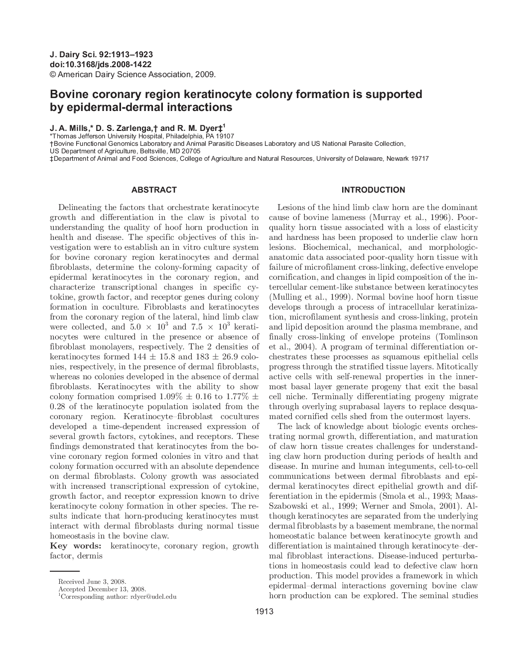 Bovine coronary region keratinocyte colony formation is supported by epidermal-dermal interactions