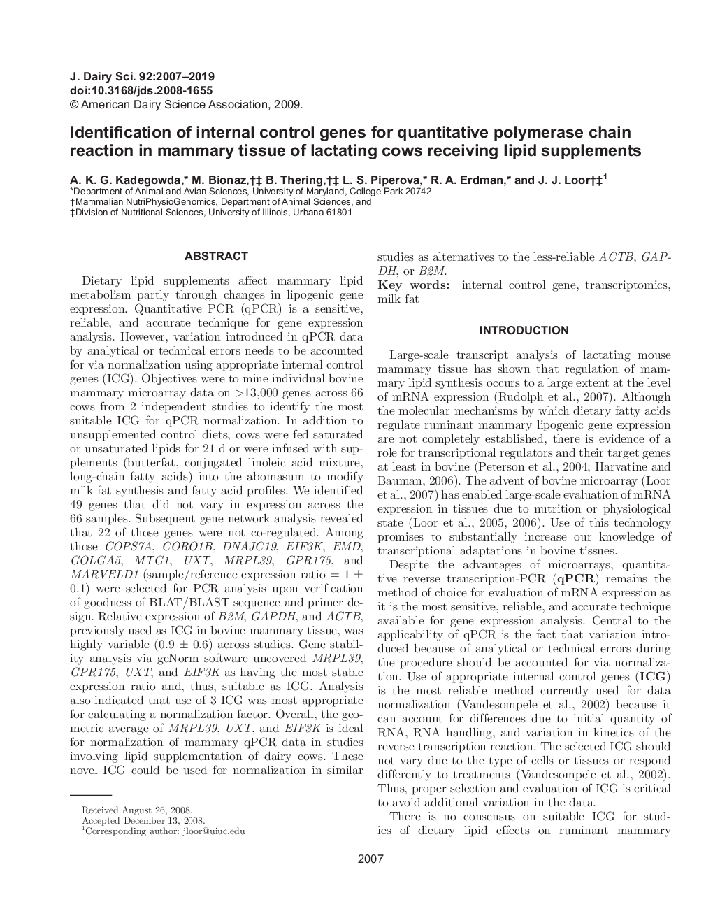 Identification of internal control genes for quantitative polymerase chain reaction in mammary tissue of lactating cows receiving lipid supplements