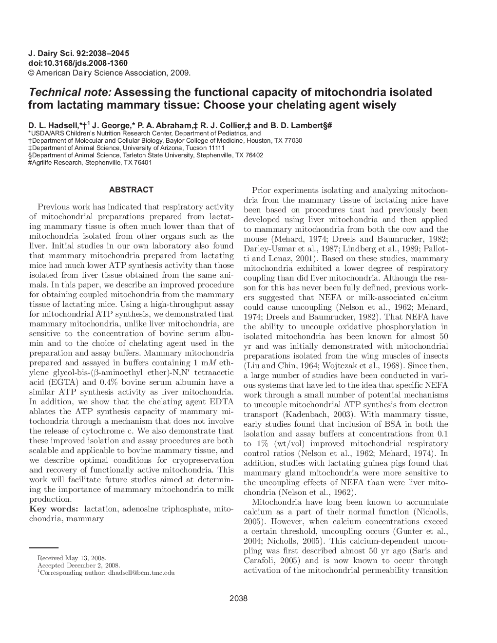 Technical note: Assessing the functional capacity of mitochondria isolated from lactating mammary tissue: Choose your chelating agent wisely