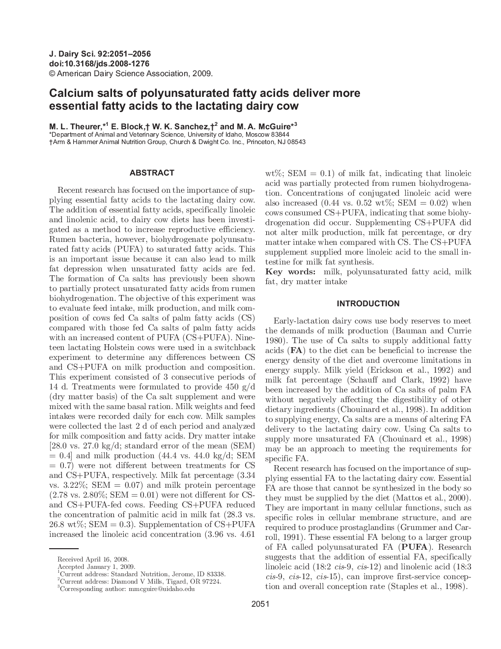 Calcium salts of polyunsaturated fatty acids deliver more essential fatty acids to the lactating dairy cow