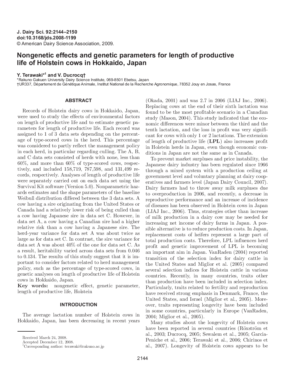 Nongenetic effects and genetic parameters for length of productive life of Holstein cows in Hokkaido, Japan