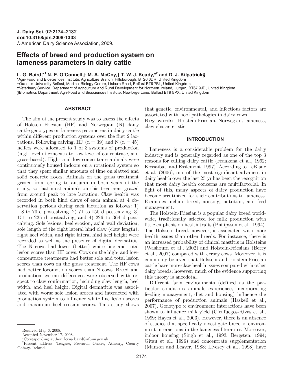 Effects of breed and production system on lameness parameters in dairy cattle