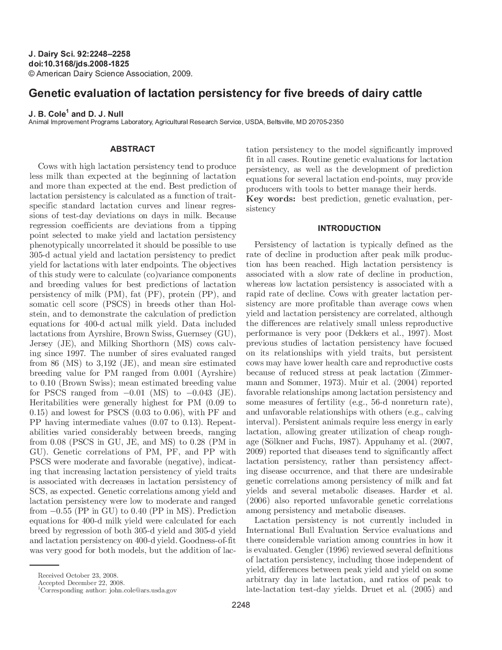 Genetic evaluation of lactation persistency for five breeds of dairy cattle