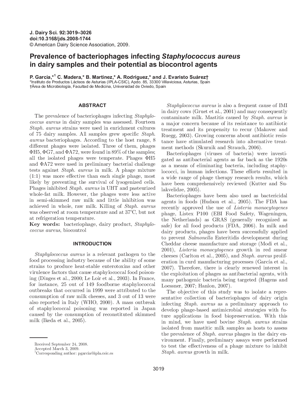 Prevalence of bacteriophages infecting Staphylococcus aureus in dairy samples and their potential as biocontrol agents