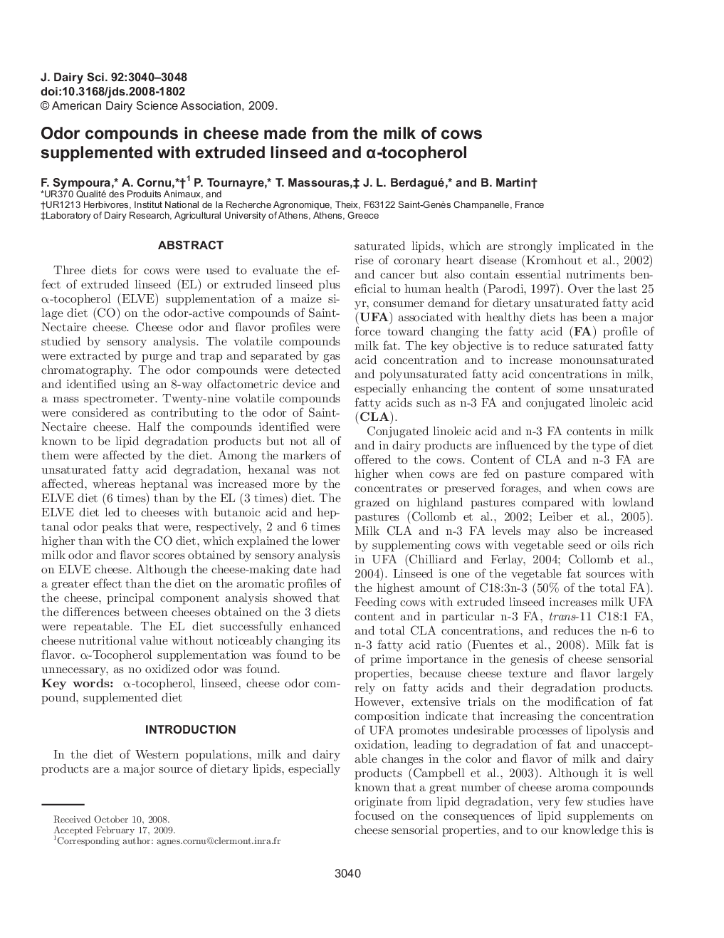 Odor compounds in cheese made from the milk of cows supplemented with extruded linseed and Î±-tocopherol