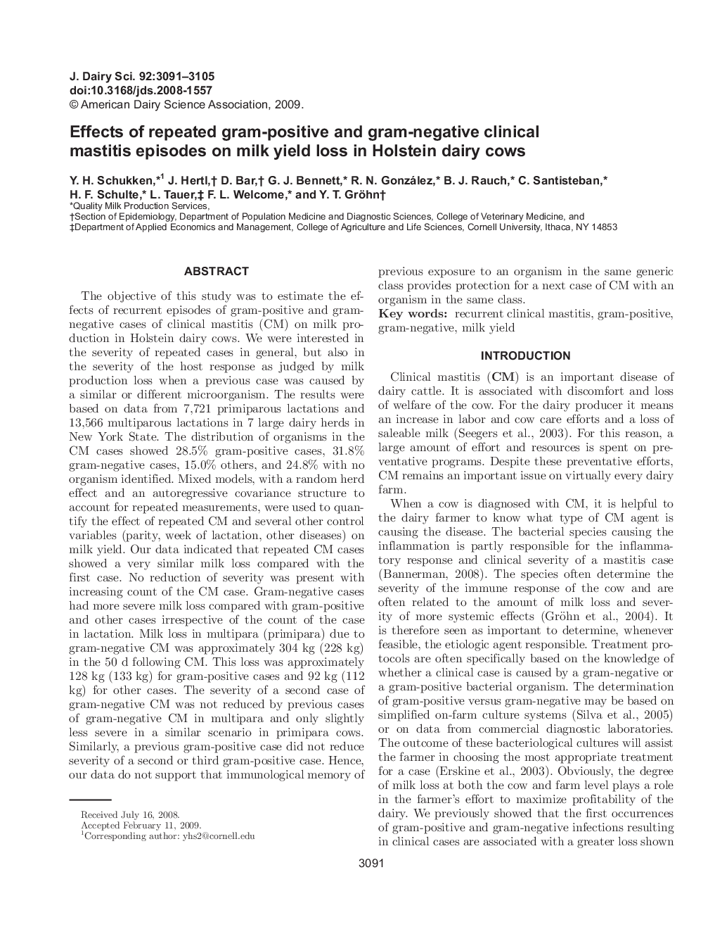 Effects of repeated gram-positive and gram-negative clinical mastitis episodes on milk yield loss in Holstein dairy cows