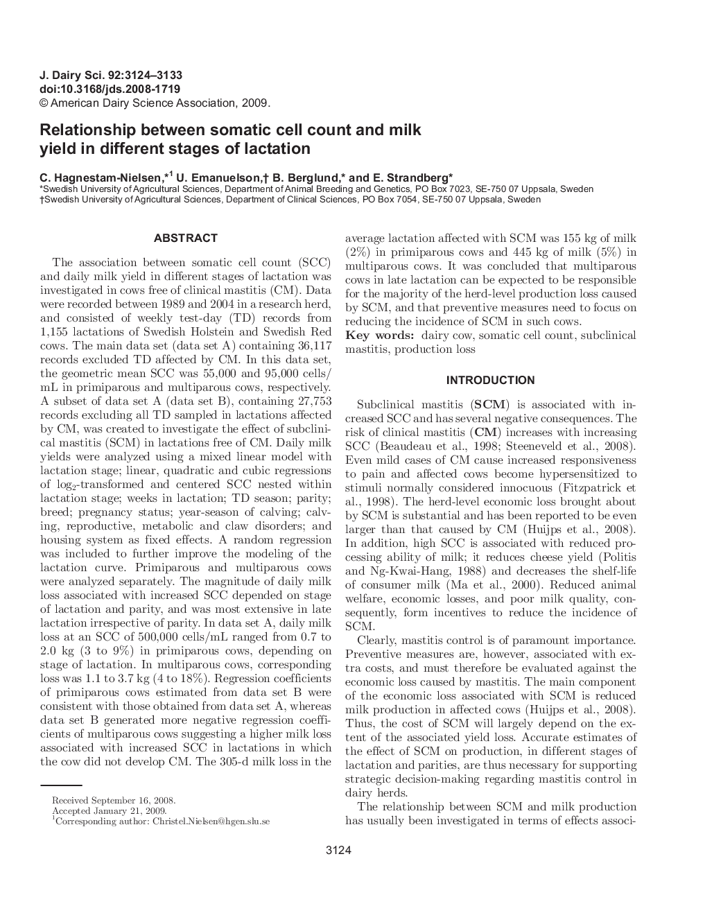 Relationship between somatic cell count and milk yield in different stages of lactation