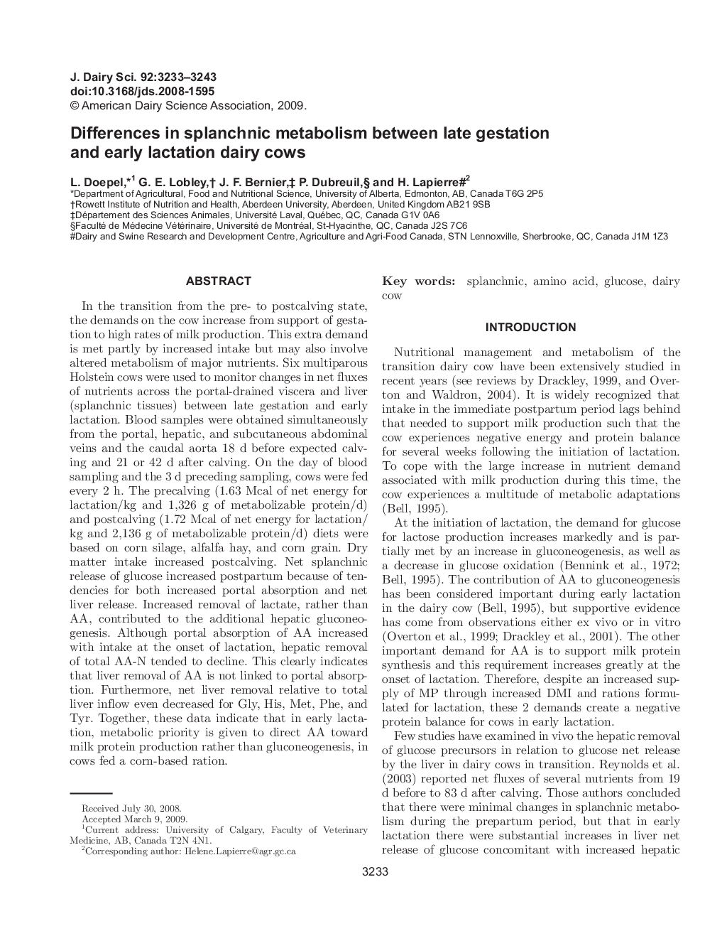 Differences in splanchnic metabolism between late gestation and early lactation dairy cows