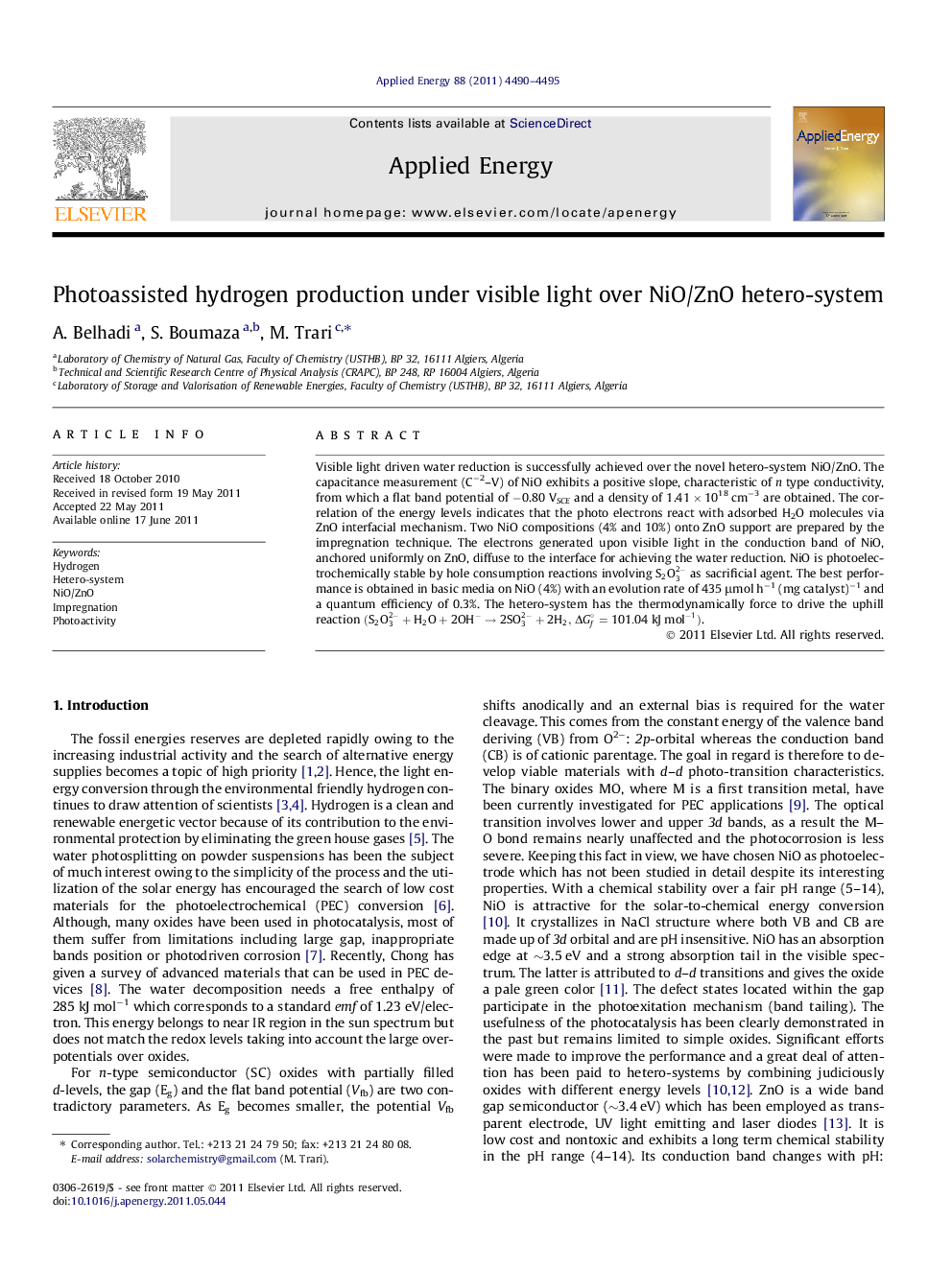 Photoassisted hydrogen production under visible light over NiO/ZnO hetero-system