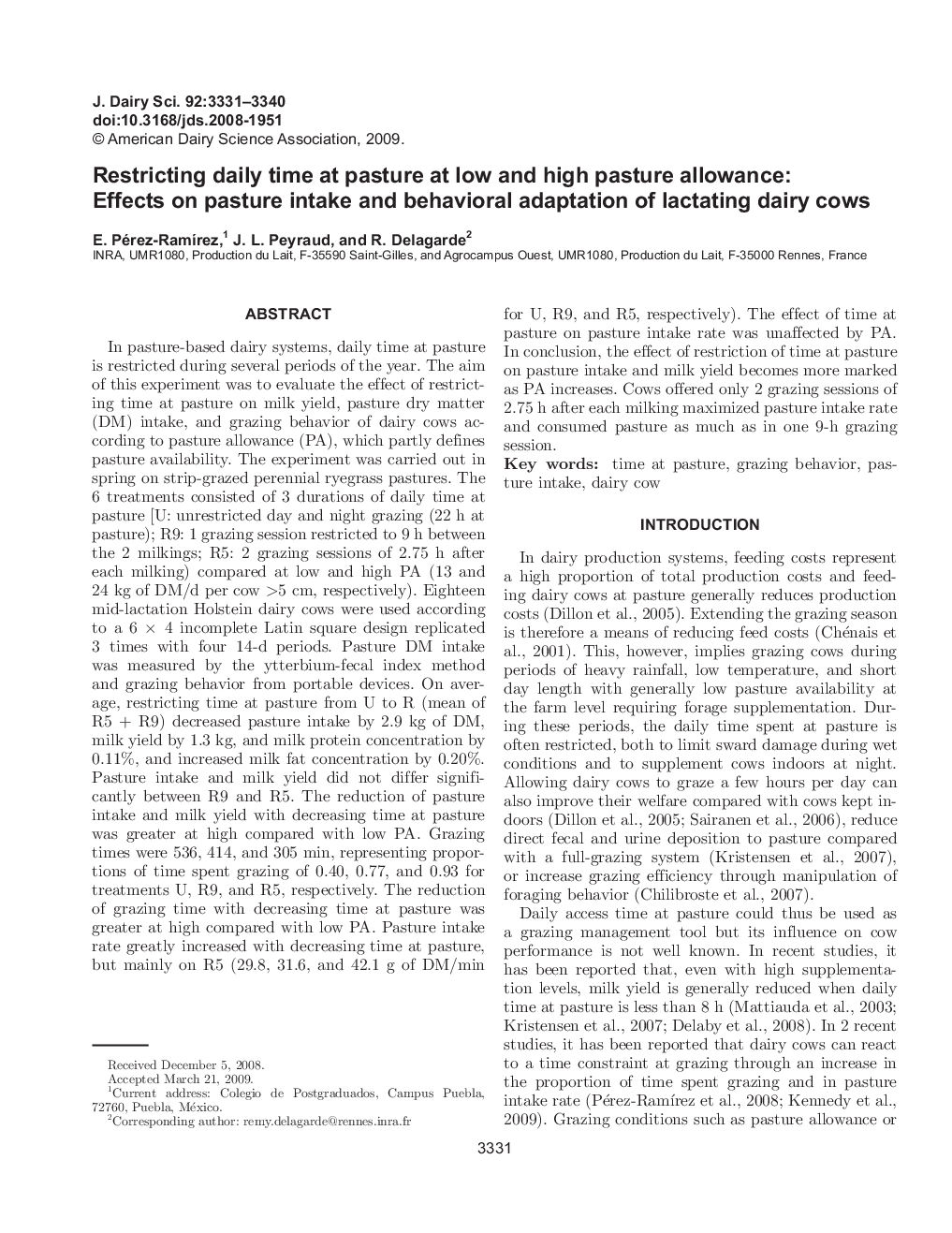 Restricting daily time at pasture at low and high pasture allowance: Effects on pasture intake and behavioral adaptation of lactating dairy cows