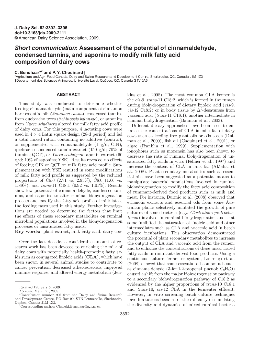 Short communication: Assessment of the potential of cinnamaldehyde, condensed tannins, and saponins to modify milk fatty acid composition of dairy cows1