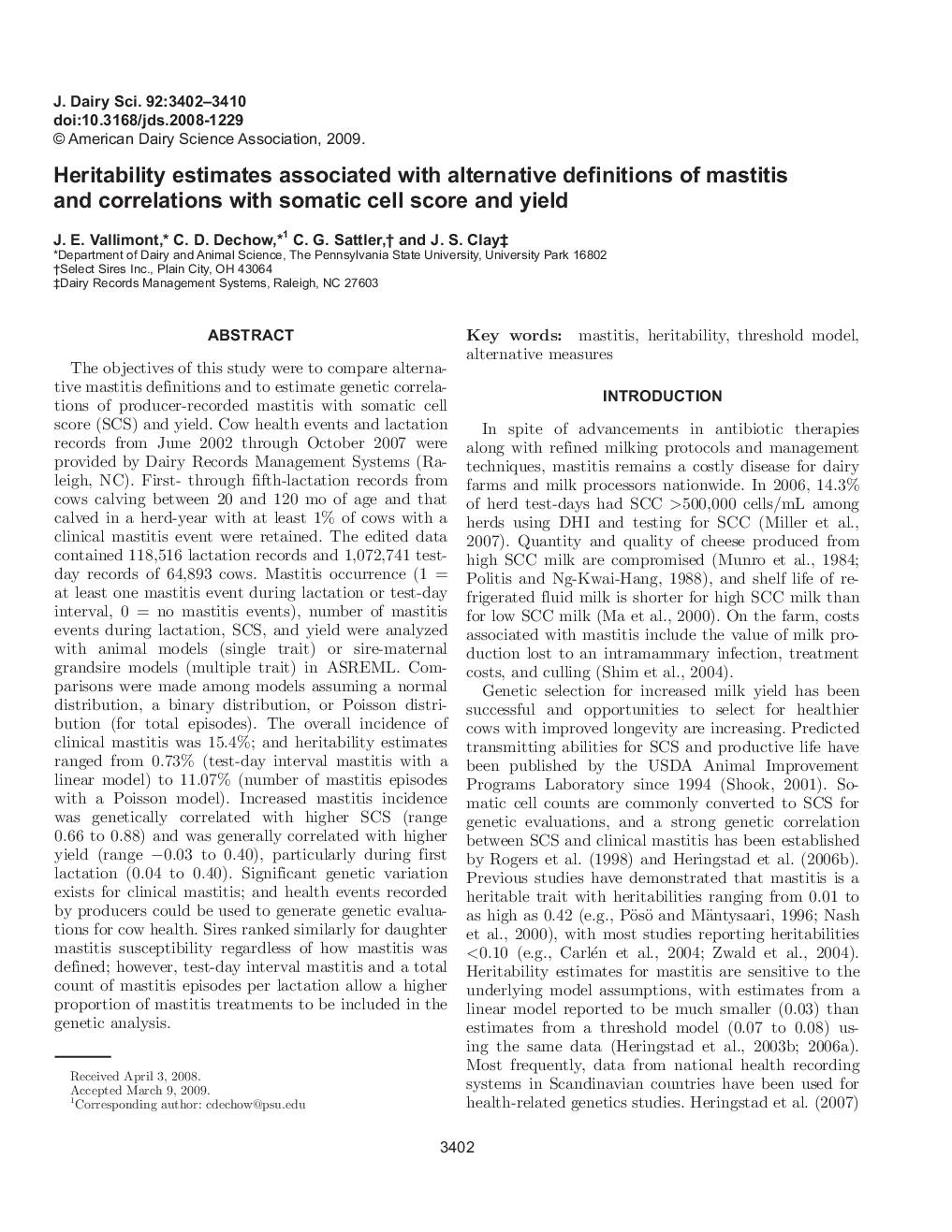 Heritability estimates associated with alternative definitions of mastitis and correlations with somatic cell score and yield