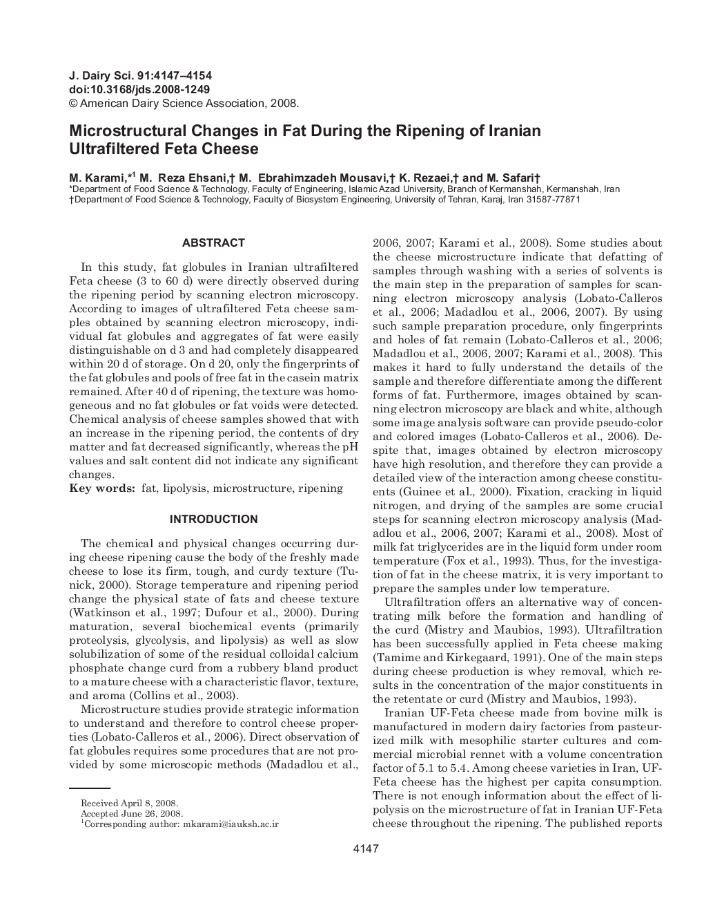 Microstructural Changes in Fat During the Ripening of Iranian Ultrafiltered Feta Cheese