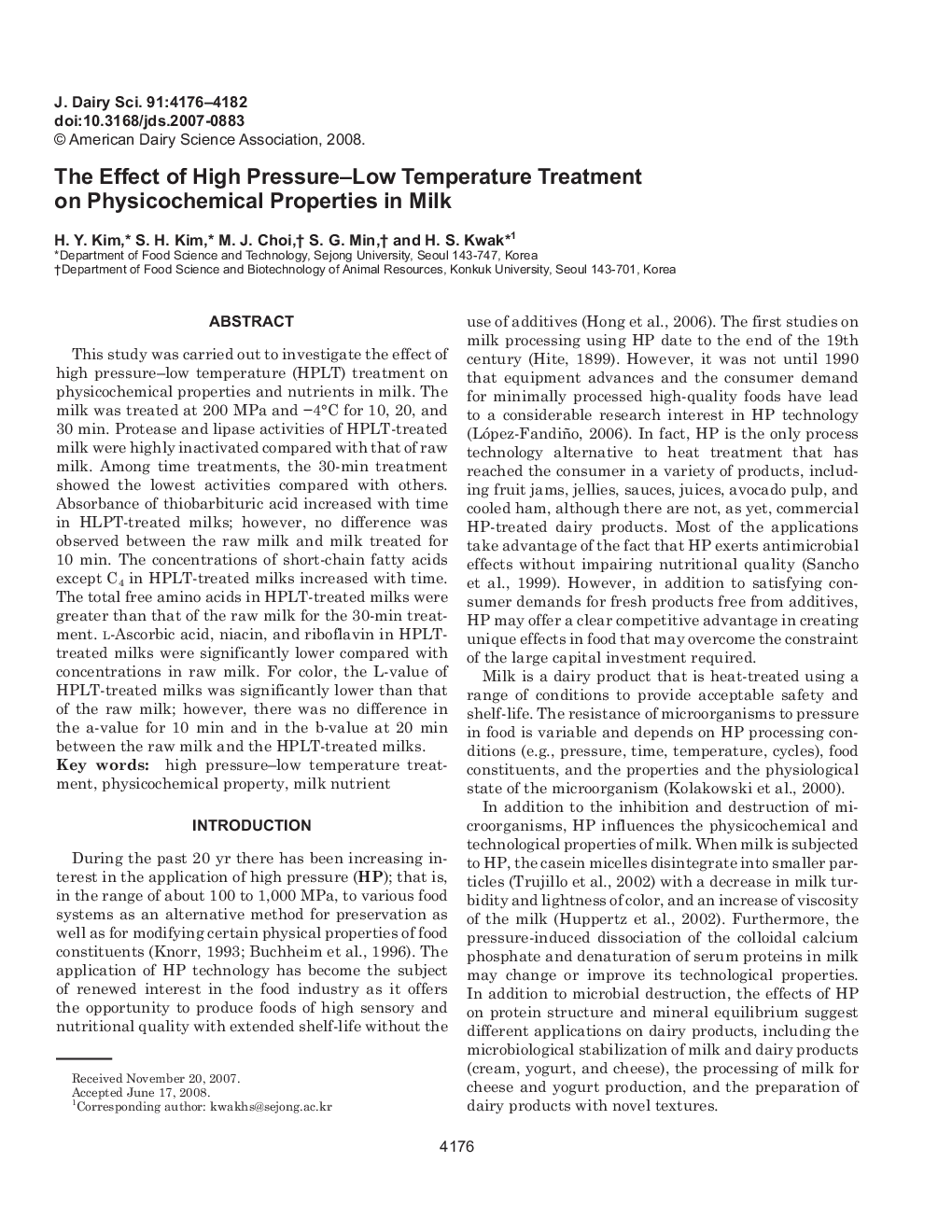 The Effect of High Pressure–Low Temperature Treatment on Physicochemical Properties in Milk