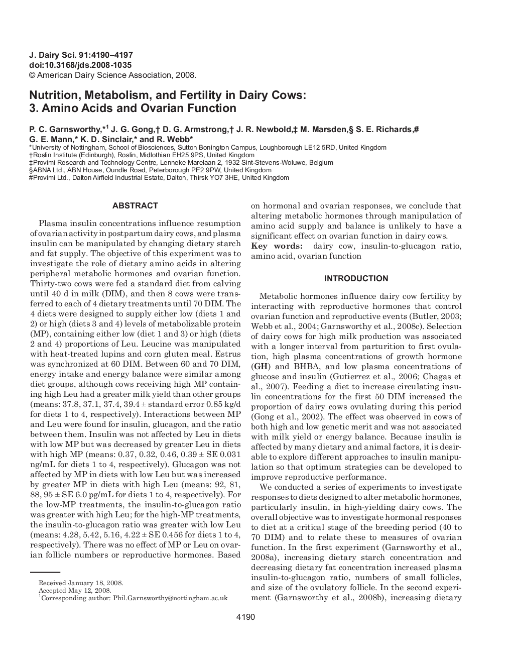 Nutrition, Metabolism, and Fertility in Dairy Cows: 3. Amino Acids and Ovarian Function