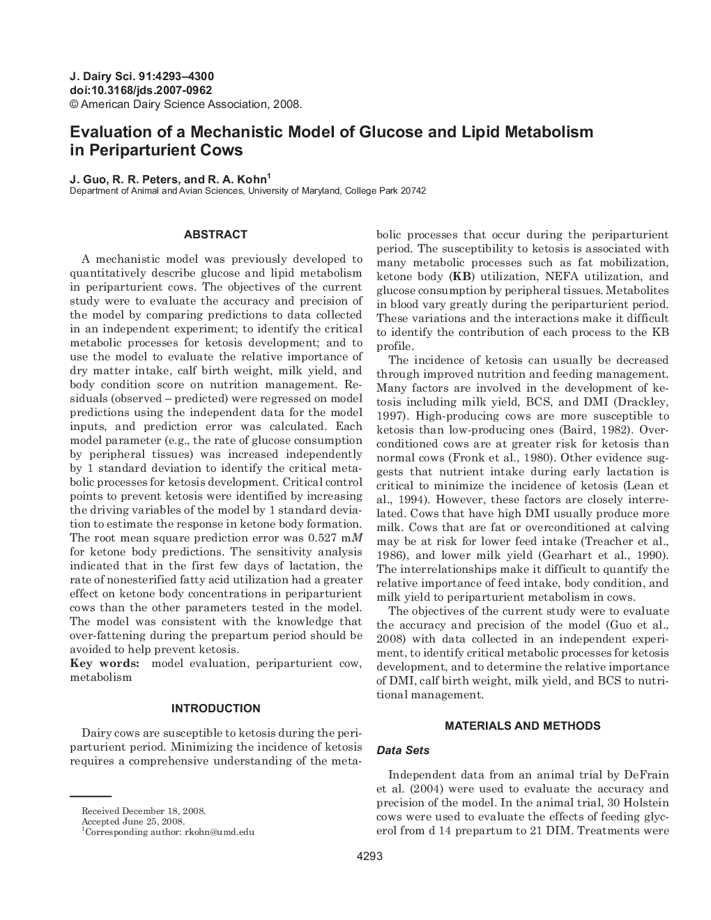 Evaluation of a Mechanistic Model of Glucose and Lipid Metabolism in Periparturient Cows