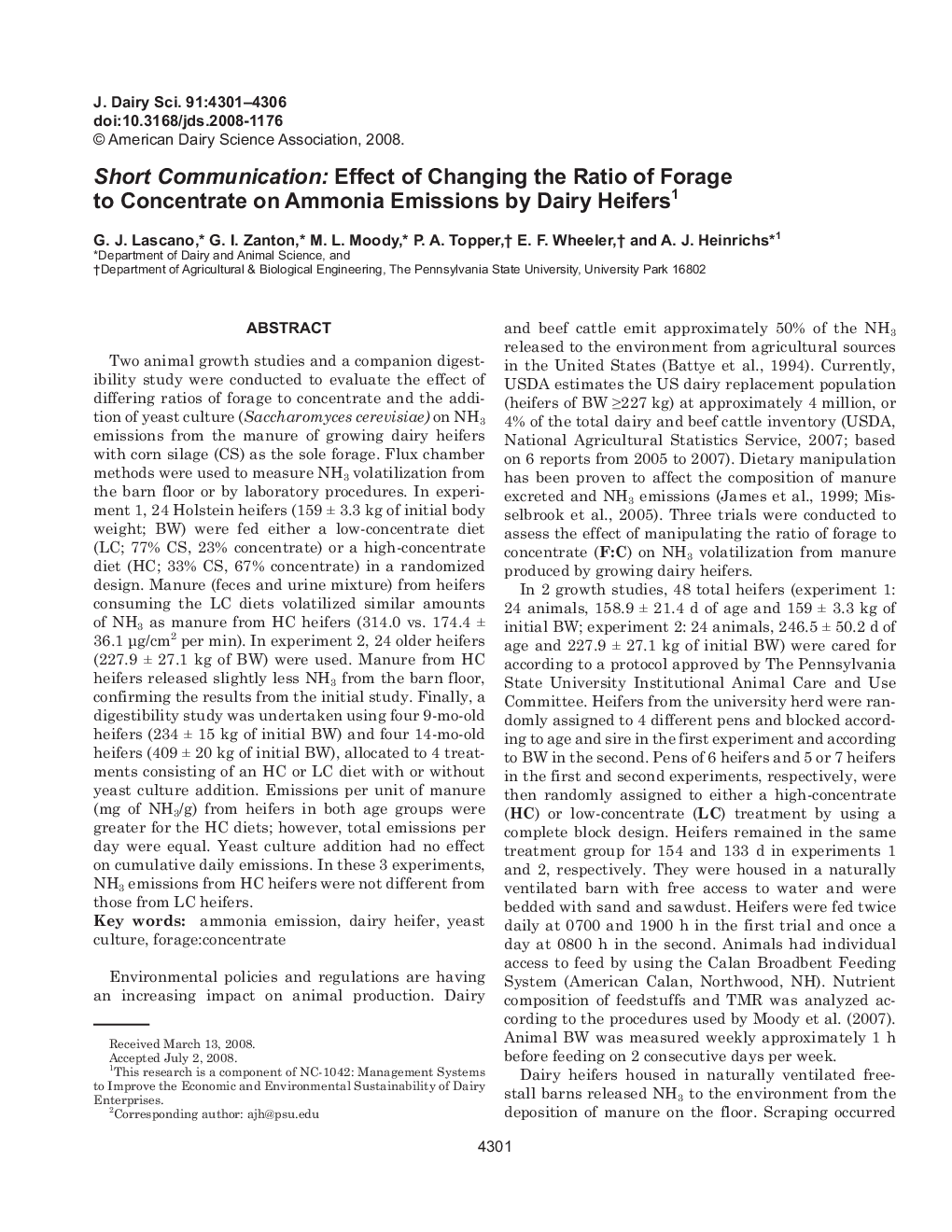 Short Communication: Effect of Changing the Ratio of Forage to Concentrate on Ammonia Emissions by Dairy Heifers1