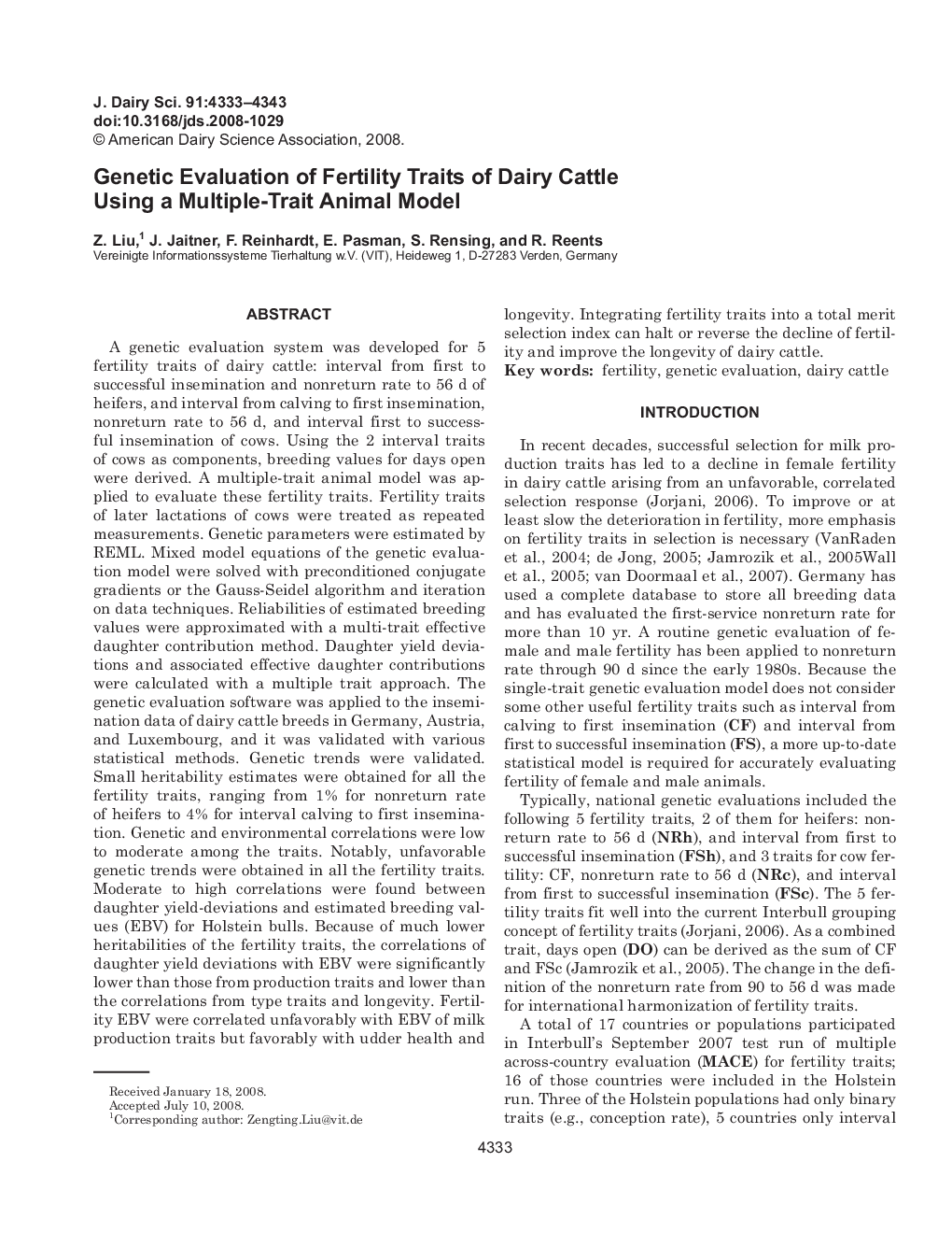 Genetic Evaluation of Fertility Traits of Dairy Cattle Using a Multiple-Trait Animal Model