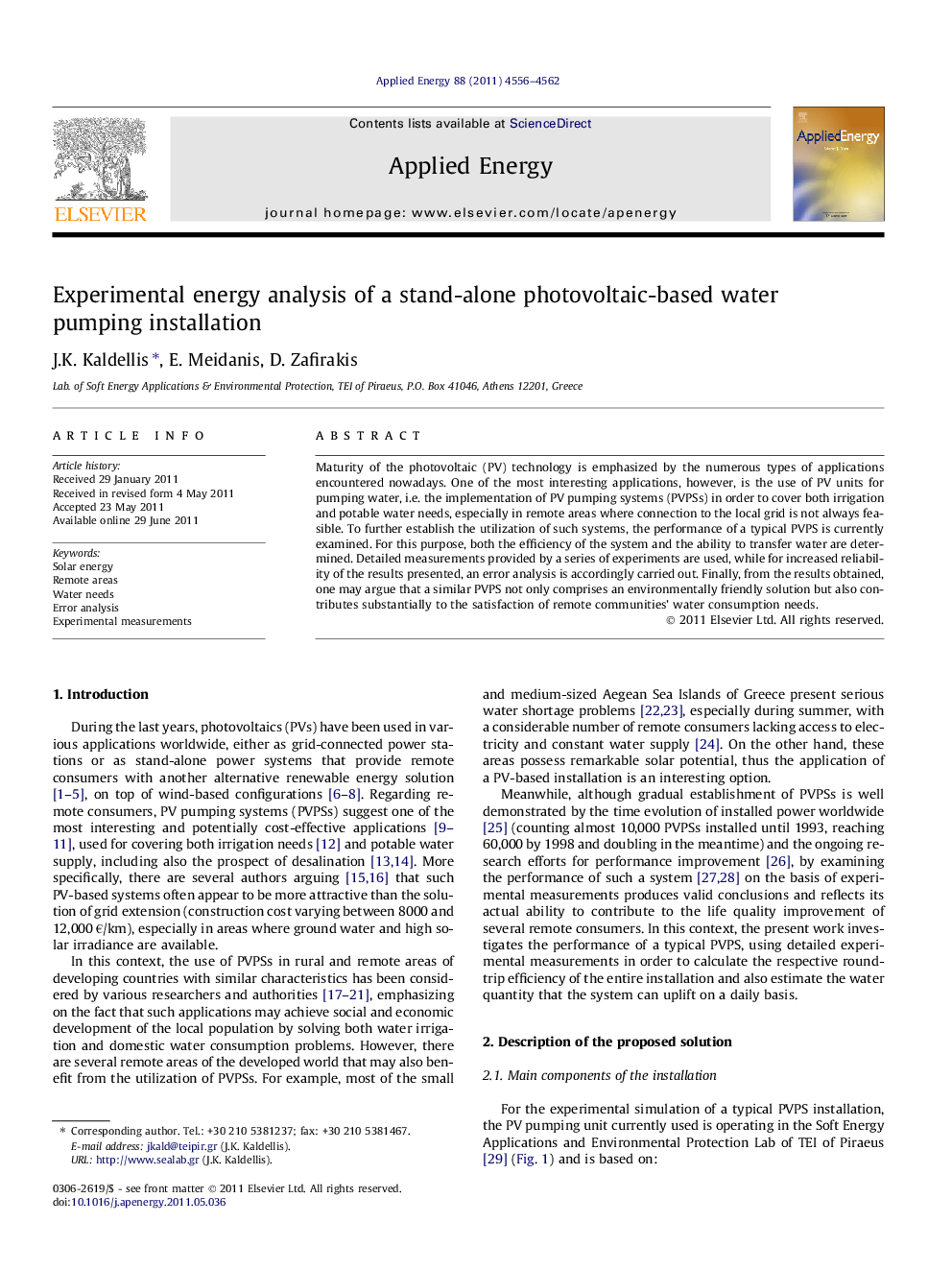 Experimental energy analysis of a stand-alone photovoltaic-based water pumping installation