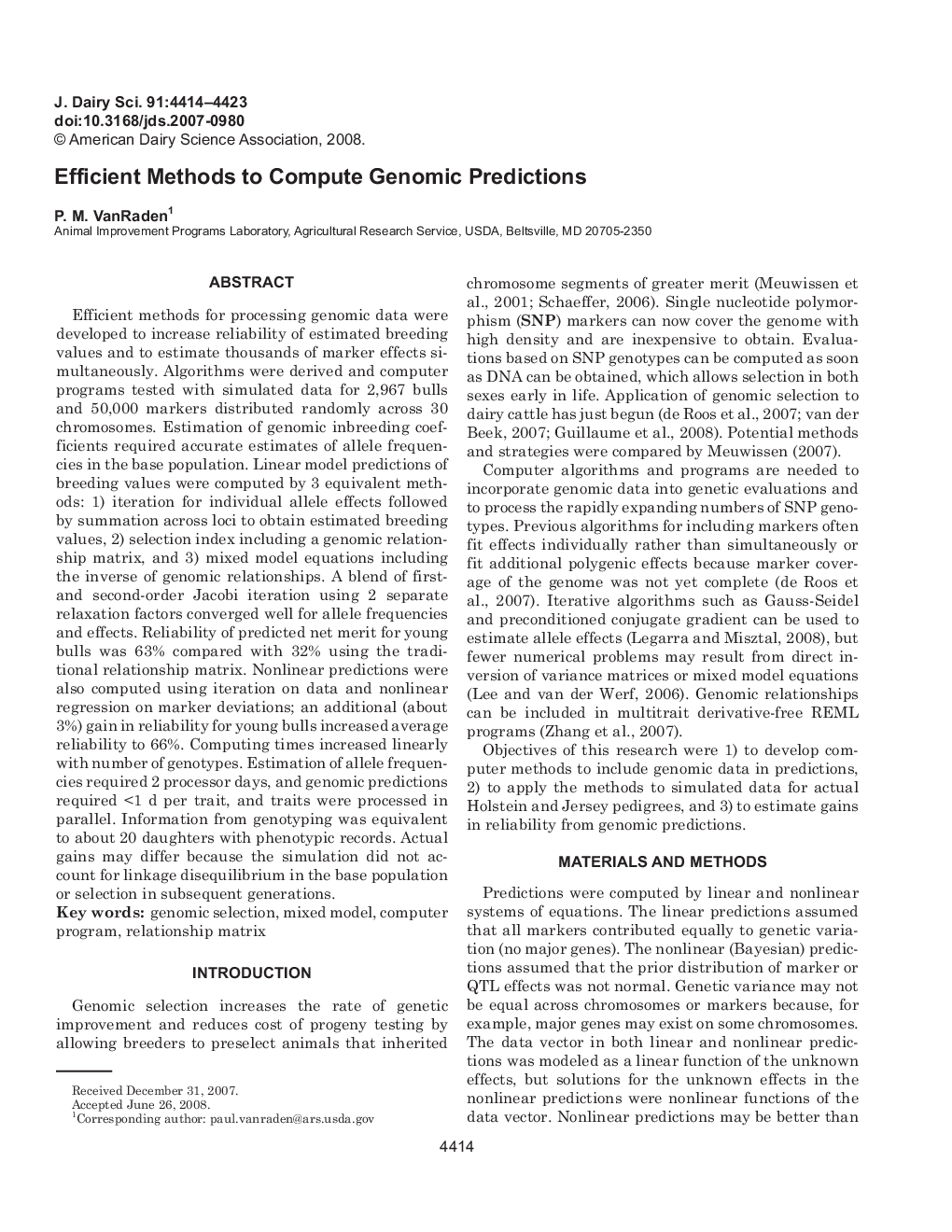 Efficient Methods to Compute Genomic Predictions