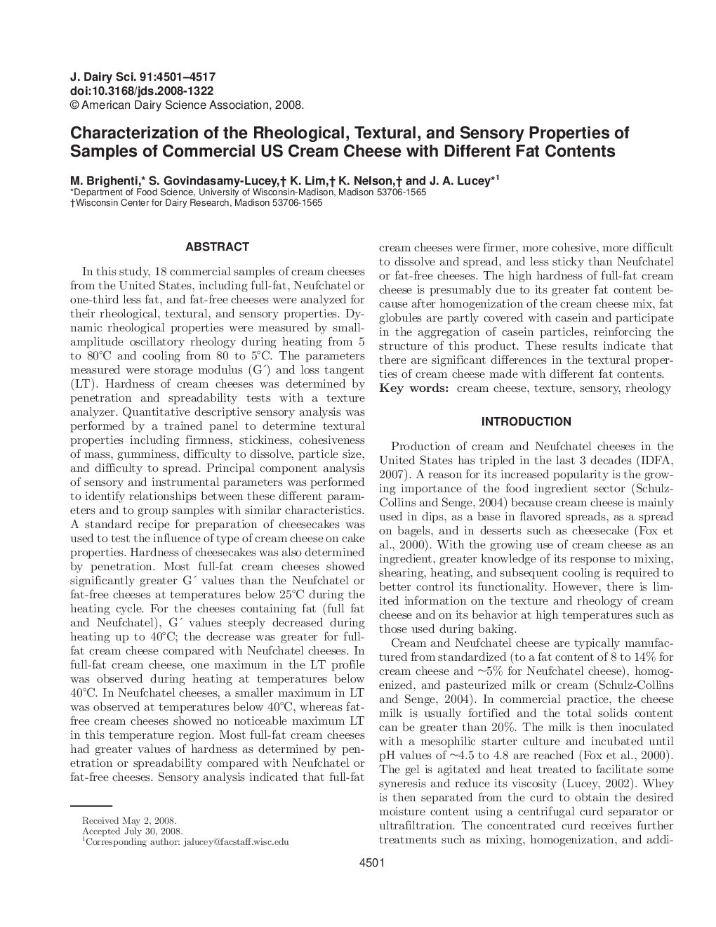 Characterization of the Rheological, Textural, and Sensory Properties of Samples of Commercial US Cream Cheese with Different Fat Contents