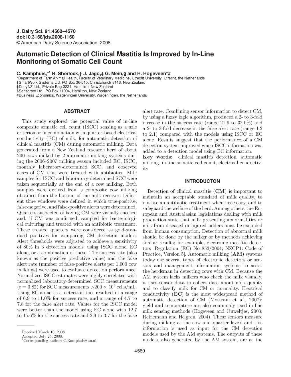 Automatic Detection of Clinical Mastitis Is Improved by In-Line Monitoring of Somatic Cell Count