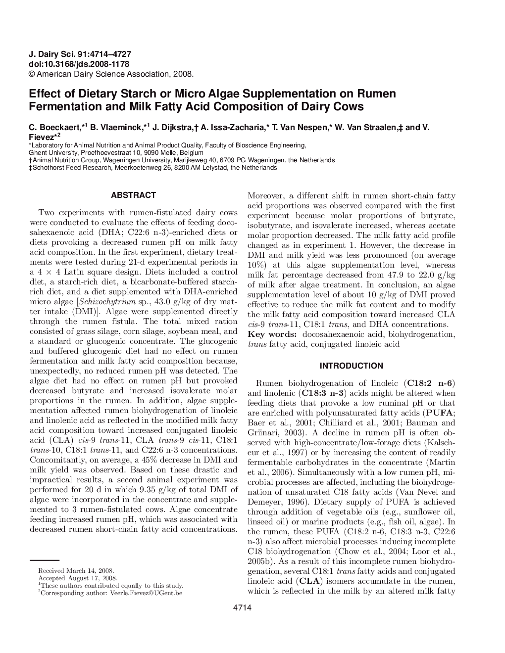 Effect of Dietary Starch or Micro Algae Supplementation on Rumen Fermentation and Milk Fatty Acid Composition of Dairy Cows