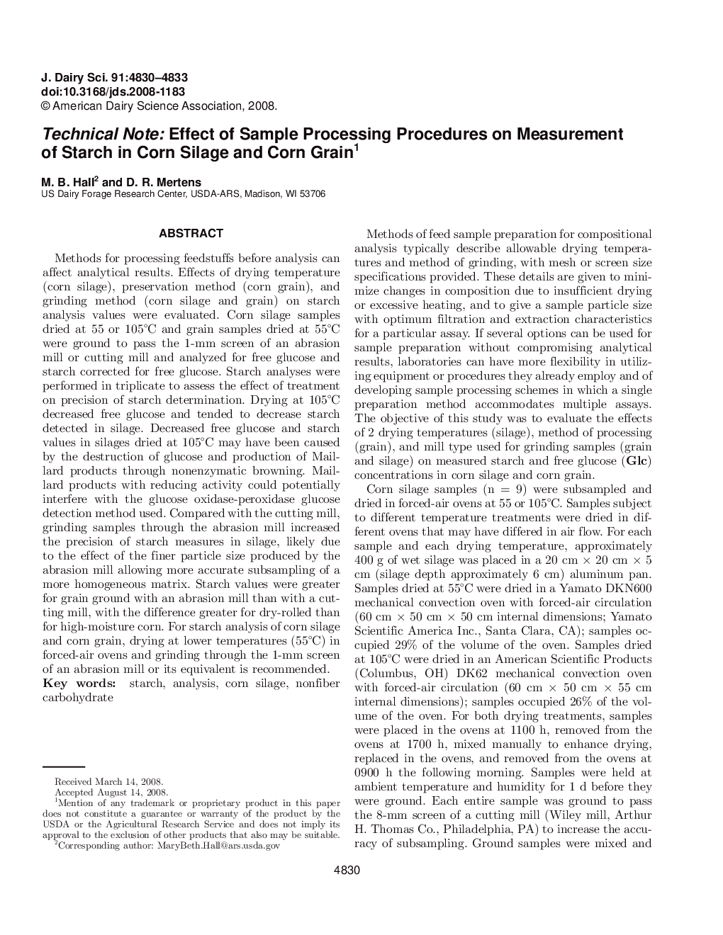 Technical Note: Effect of Sample Processing Procedures on Measurement of Starch in Corn Silage and Corn Grain1