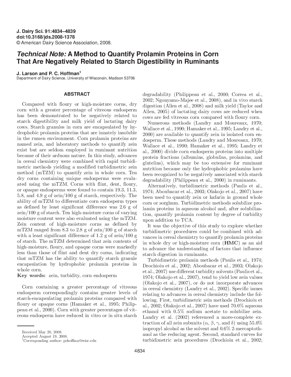 Technical Note: A Method to Quantify Prolamin Proteins in Corn That Are Negatively Related to Starch Digestibility in Ruminants