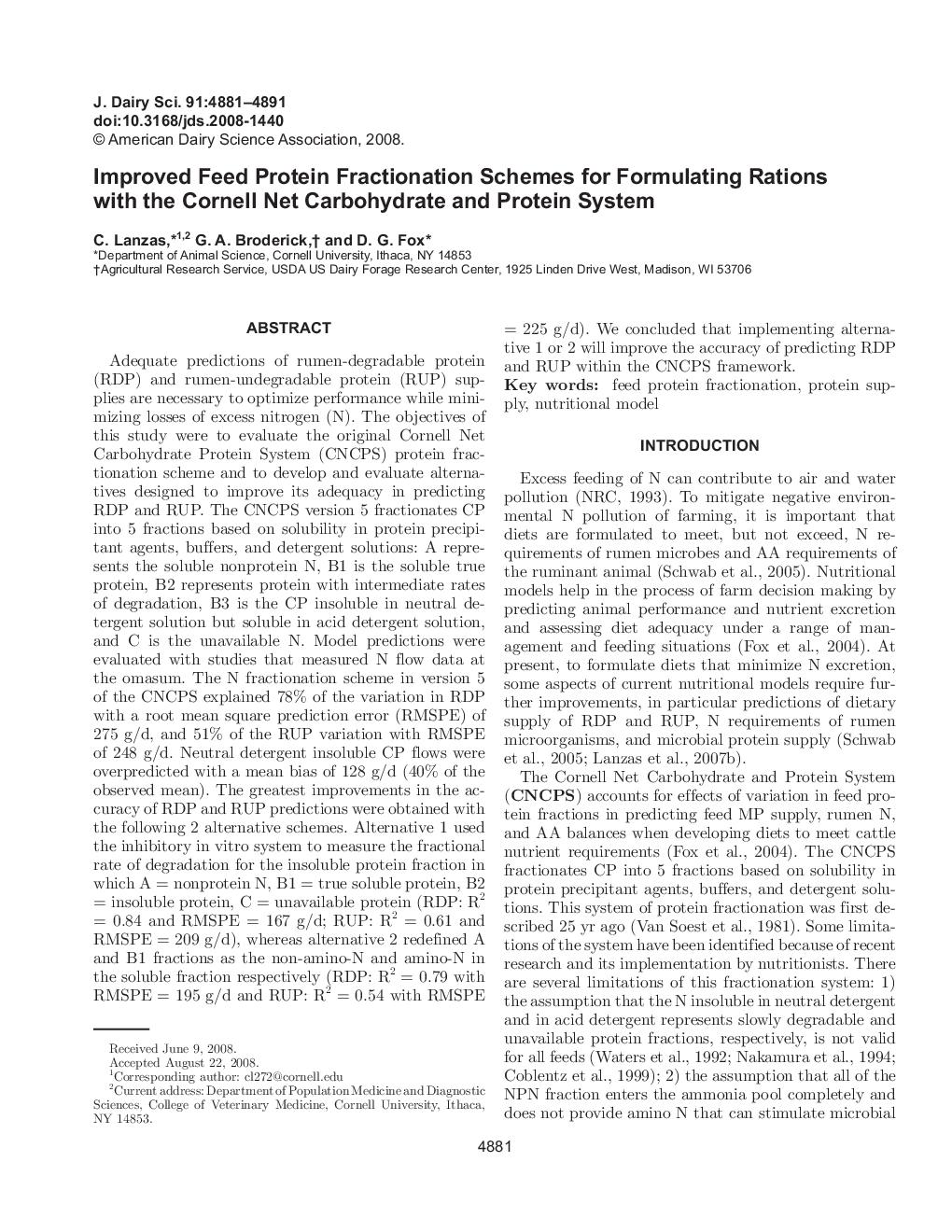 Improved Feed Protein Fractionation Schemes for Formulating Rations with the Cornell Net Carbohydrate and Protein System