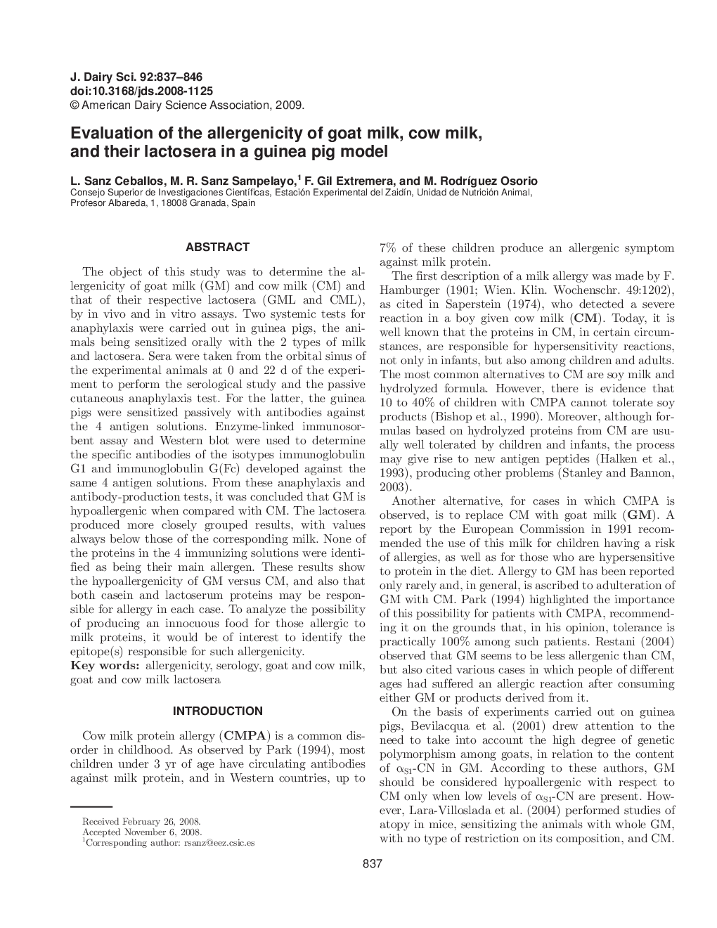 Evaluation of the allergenicity of goat milk, cow milk, and their lactosera in a guinea pig model