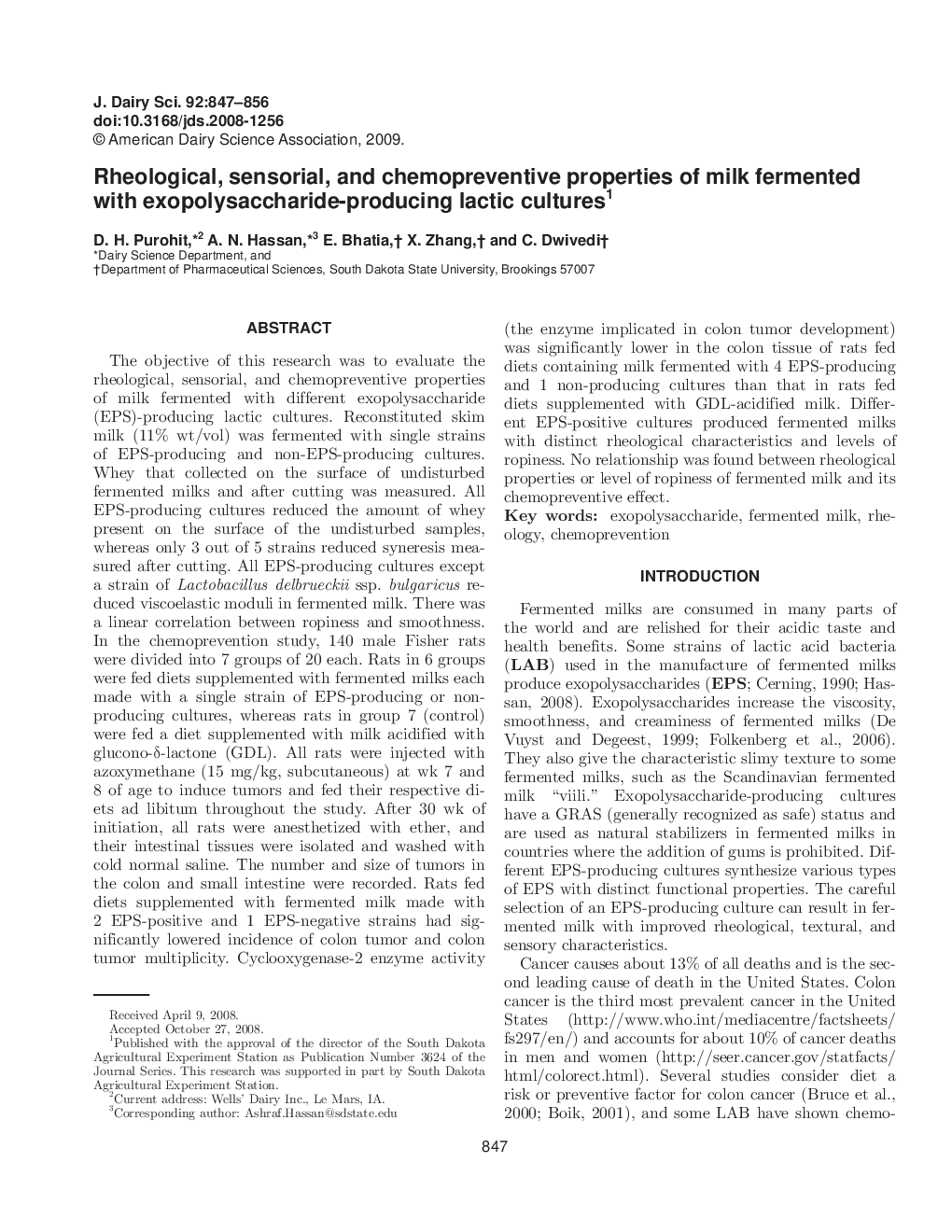 Rheological, sensorial, and chemopreventive properties of milk fermented with exopolysaccharide-producing lactic cultures1