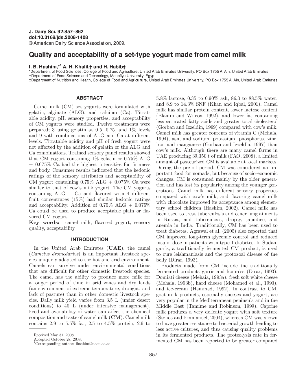 Quality and acceptability of a set-type yogurt made from camel milk