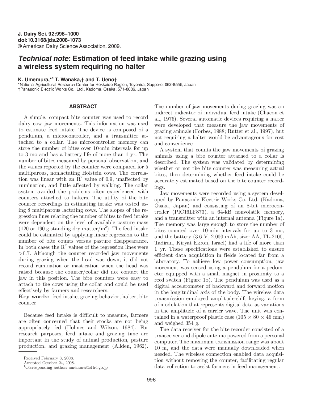 Technical note: Estimation of feed intake while grazing using a wireless system requiring no halter