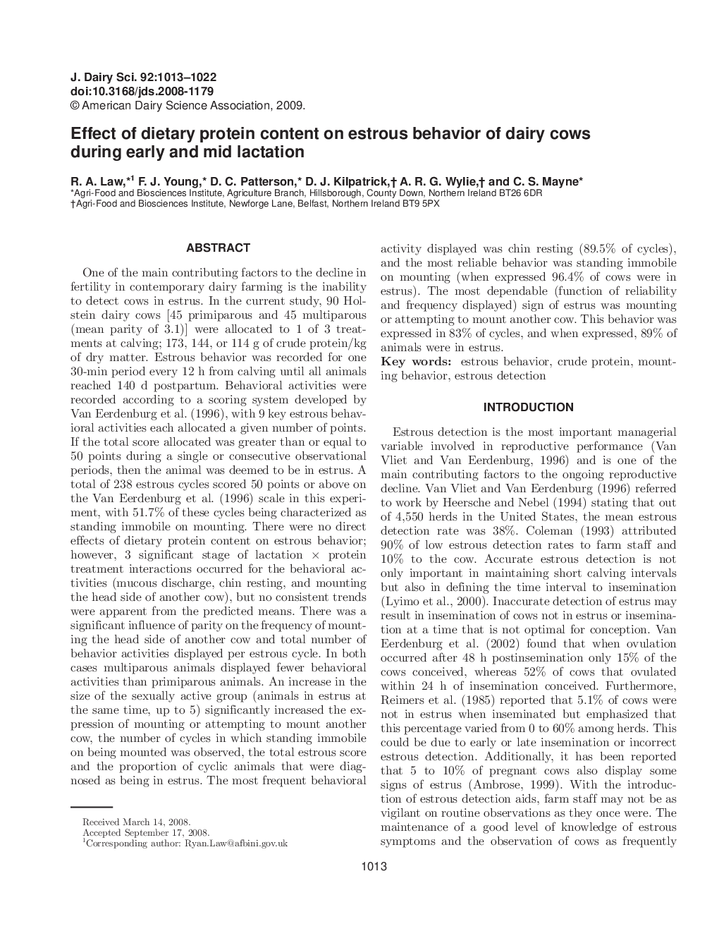 Effect of dietary protein content on estrous behavior of dairy cows during early and mid lactation