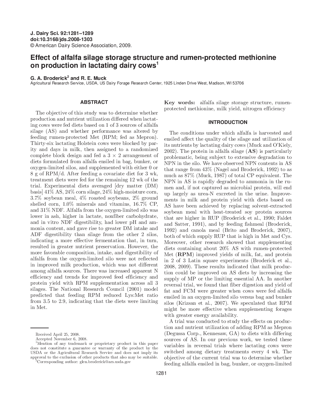 Effect of alfalfa silage storage structure and rumen-protected methionine on production in lactating dairy cows1