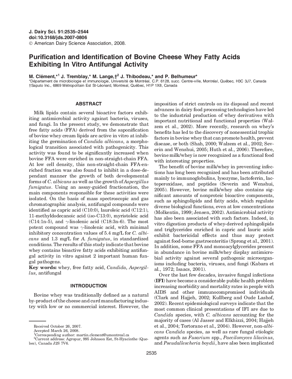 Purification and Identification of Bovine Cheese Whey Fatty Acids Exhibiting In Vitro Antifungal Activity