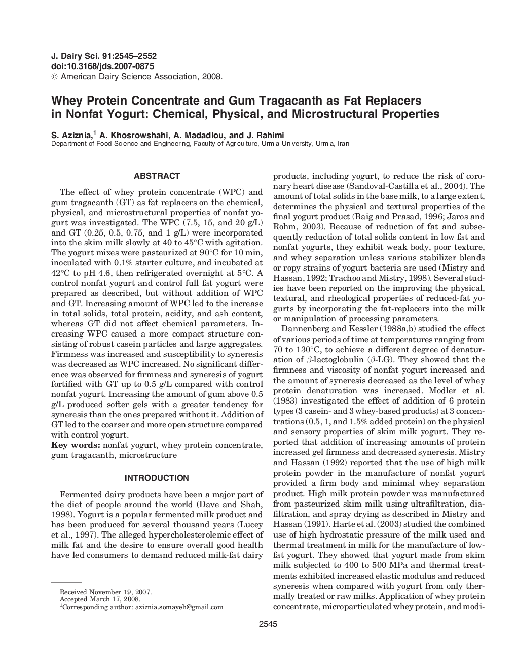 Whey Protein Concentrate and Gum Tragacanth as Fat Replacers in Nonfat Yogurt: Chemical, Physical, and Microstructural Properties