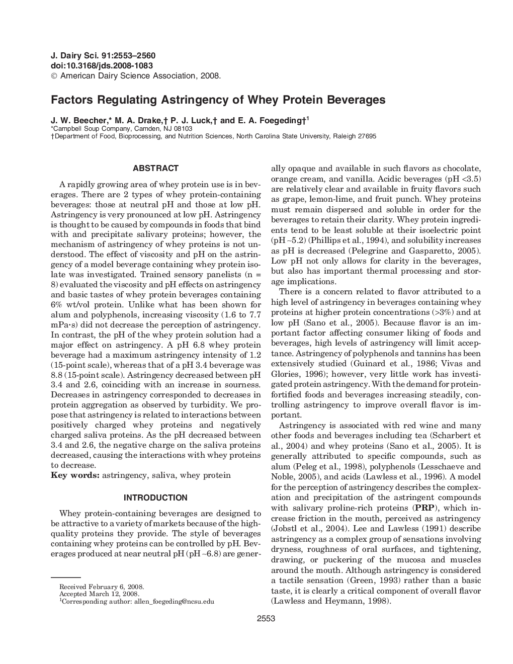Factors Regulating Astringency of Whey Protein Beverages