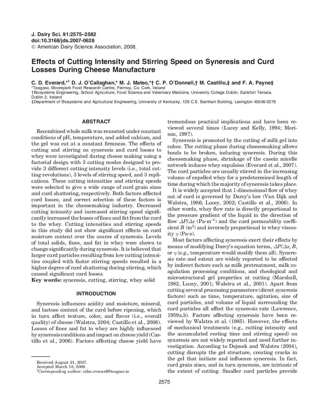 Effects of Cutting Intensity and Stirring Speed on Syneresis and Curd Losses During Cheese Manufacture